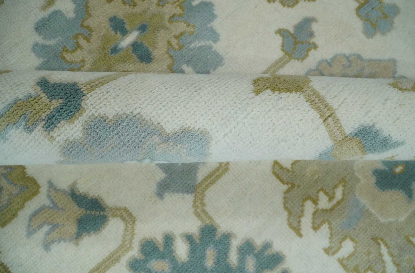Ivory, Blue and Beige Floral Oushak Hand Knotted Traditional Turkish Inspired Custom Made Wool Area Rug