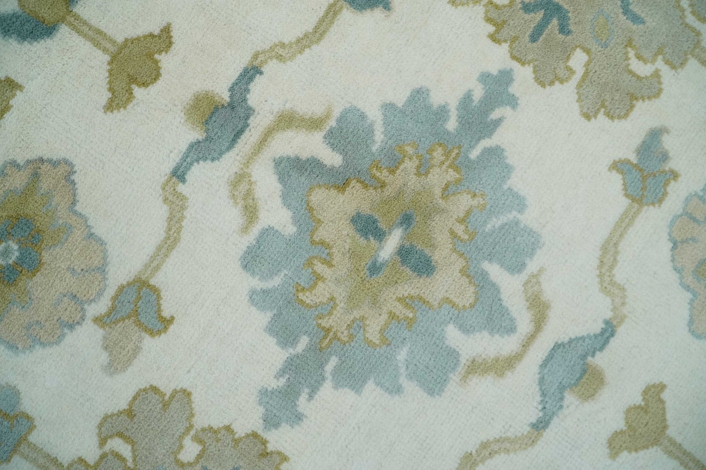 Ivory, Blue and Beige Floral Oushak Hand Knotted Traditional Turkish Inspired Custom Made Wool Area Rug