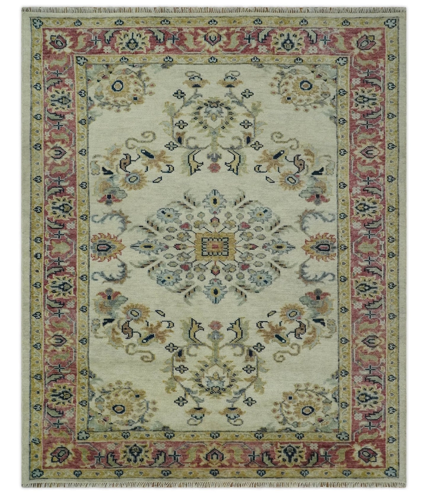 Ivory, Brown, Olive and Charcoal Traditional Heriz Medallion Custom Made Wool Area Rug