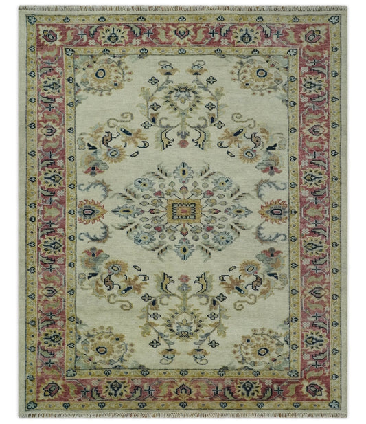 Ivory, Brown, Olive and Charcoal Traditional Heriz Medallion Custom Made Wool Area Rug