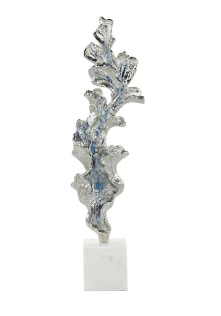 Gleaming Leaf Sculpture on Marble Base, Large Silver