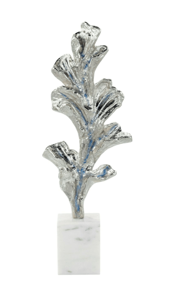 Gleaming Leaf Sculpture on Marble Base, Medium Silver