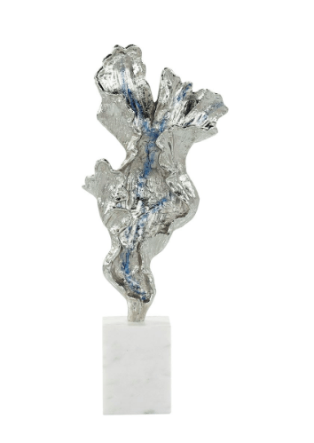 Gleaming Leaf Sculpture on Marble Base, Small Silver