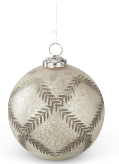 6 Inch Antique Silver Frosted Leaf Etched Glass Ornament