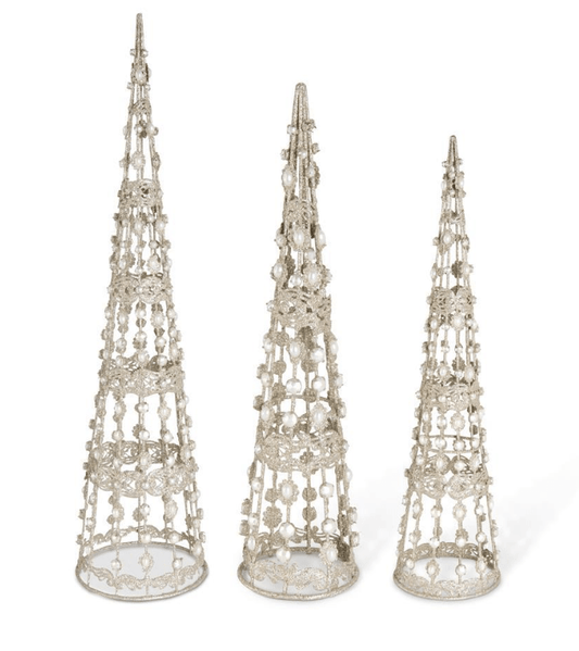 Set of 3 Champagne Filigree Wire Cone Trees with Pearls