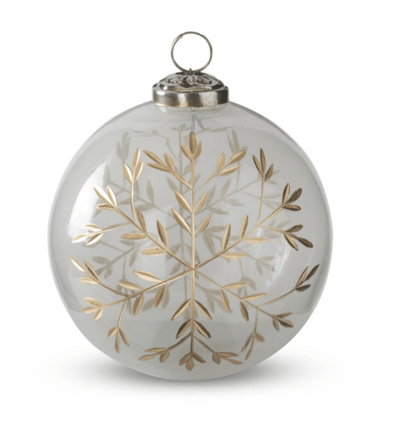 5 Inch Frosted Glass Round Gold Gilded Etched Snowflake Ornament