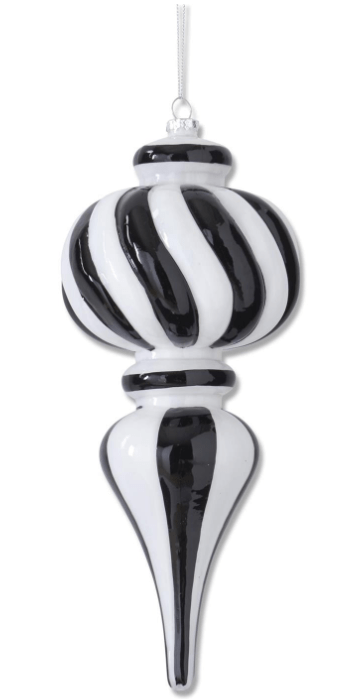 10.5 Inch Hand Painted Black & White Striped Glass Finial Ornament