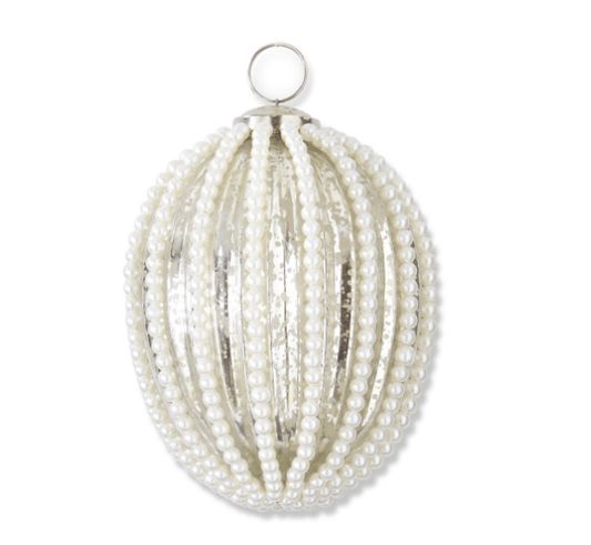 4.5 Inch Oval Silver Mercury Glass Ornament w/Wired White Beaded