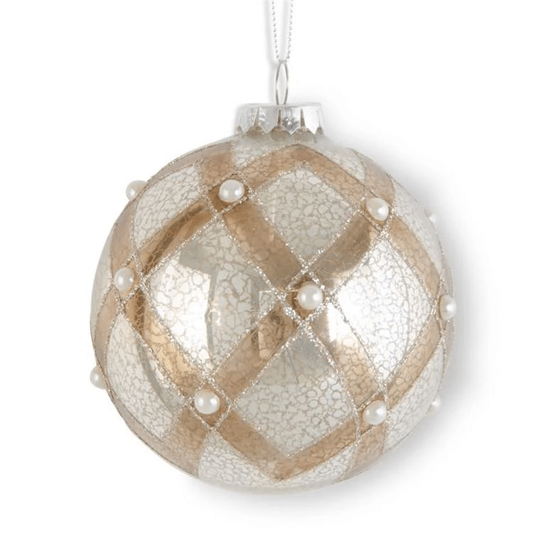 4 inch Glittered Silver & Copper Mercury Glass Ornament with Pearls