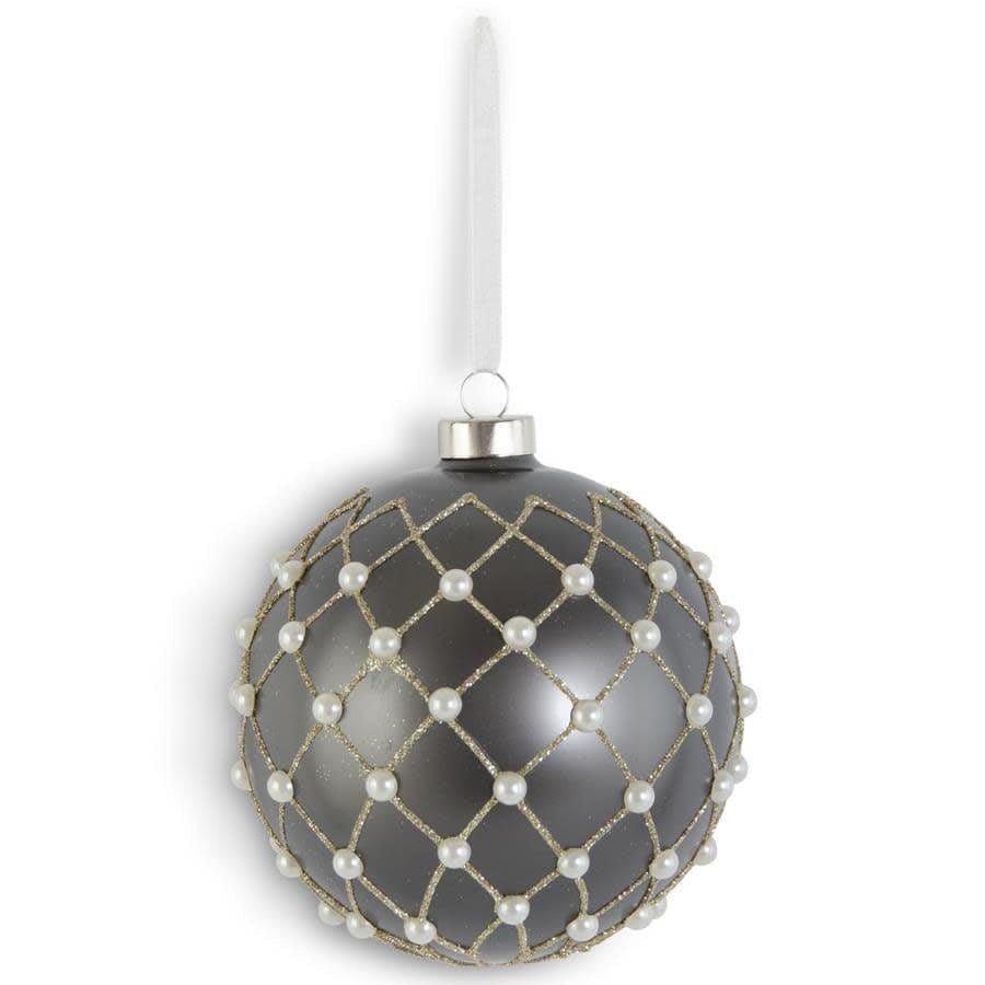 4.75 Inch Matte Gray glass Ornament with Gold Diamond Glitter & Pearls - FINAL SALE