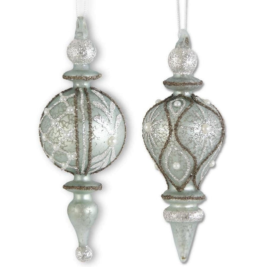 ASSORTED GLITTERED LIGHT BLUE MERCURY GLASS FINIAL ORNAMENTS W/PEARLS