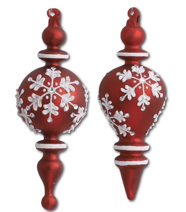 Red & White Glass Teardrop Finial Ornaments W/Snowflake - Final Sale