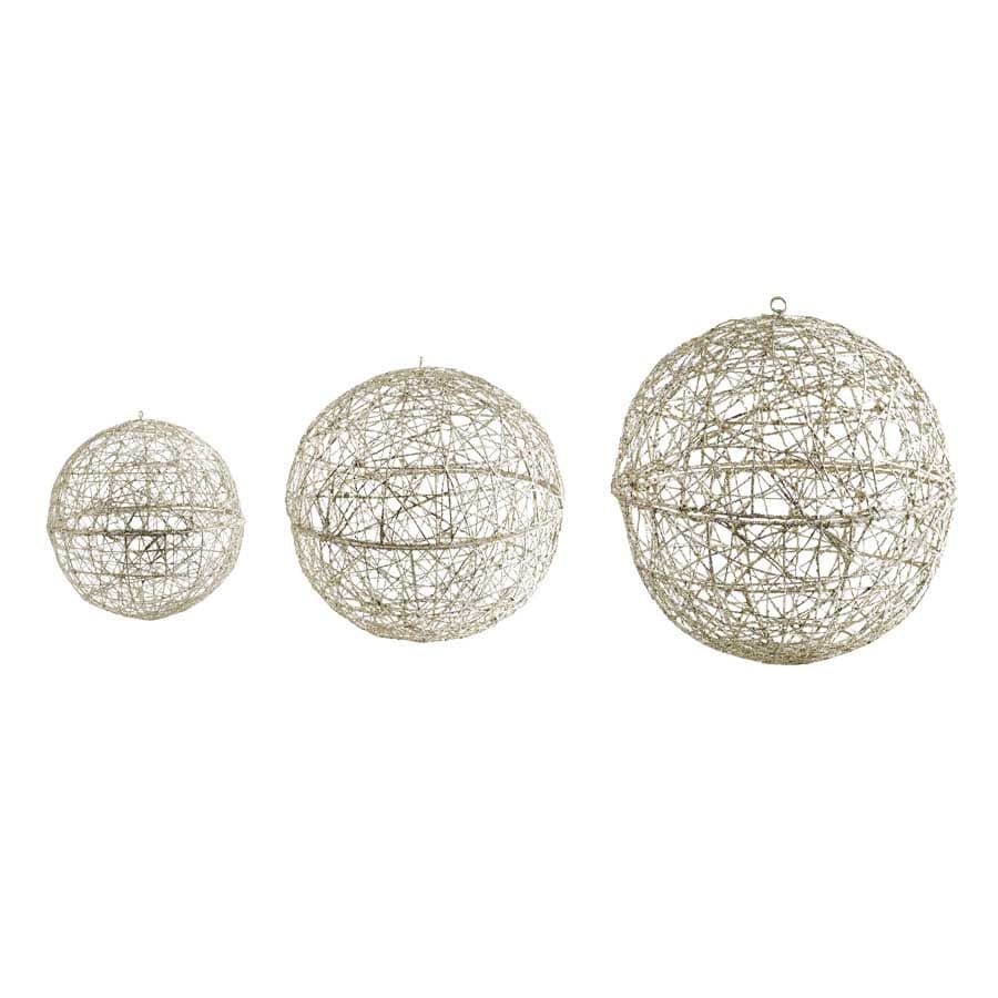 Set of 3 Small Champagne Glitter Hanging Wire Balls