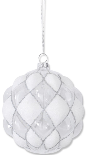 4.5 Inch Beaded White & Clear Glass Round Hobnail Ornament