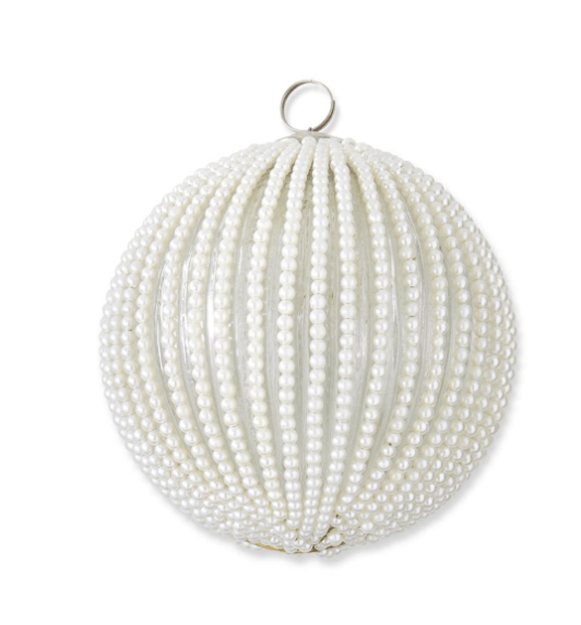 5.75 Inch Round Clear Glass Ornament w/Wired White Beaded Stripes