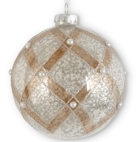 5 Inch Glittered Silver & Copper Mercury Glass Ornament with Pearls