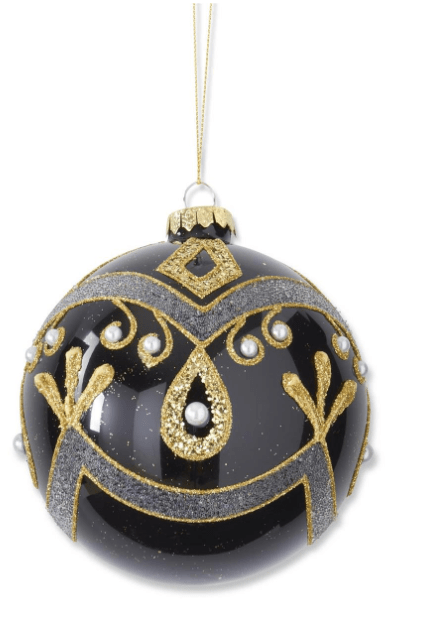 5 Inch Gold Glittered & Beaded Black Round Glass Ornament