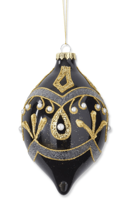 6.5 Inch Gold Glittered & Beaded Black Teardrop Glass Ornament