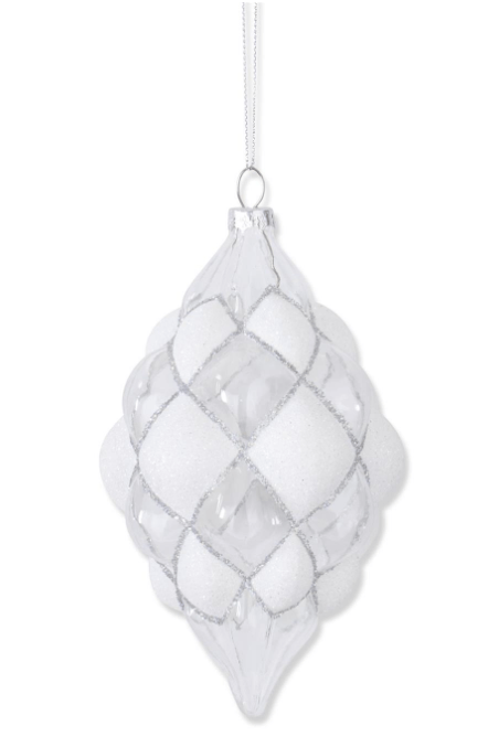 6 Inch Beaded White & Clear Glass Teardrop Hobnail Ornament