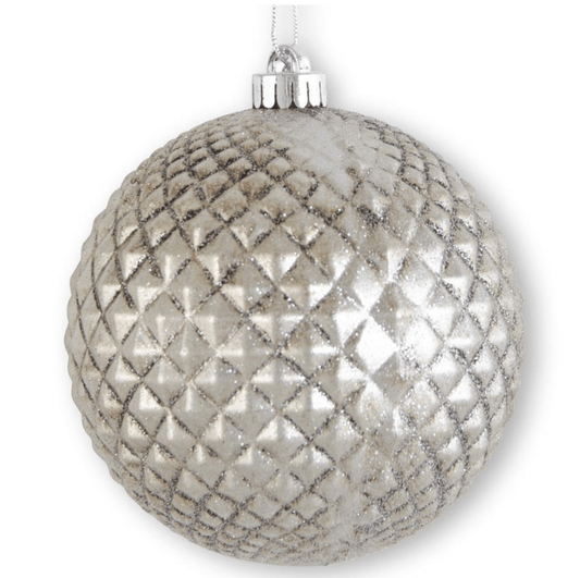 6 Inch Glittered Metallic Pewter Diamond Embossed Shatterproof Ornament