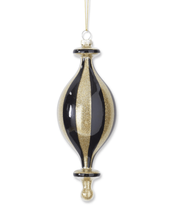 Gold Glitter & Black Striped Glass Finial Ornaments