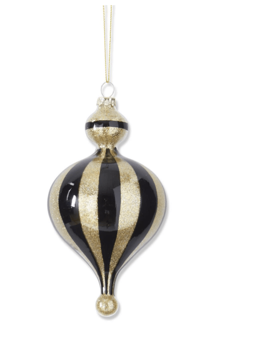 Gold Glitter & Black Striped Glass Finial Ornaments