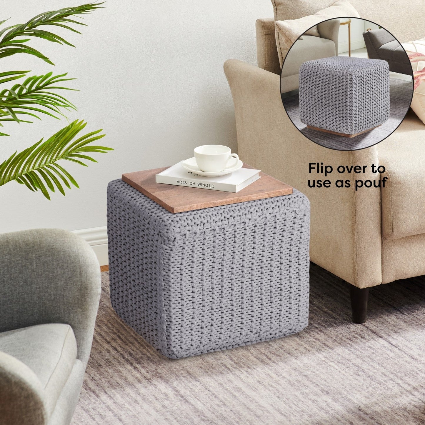 Amayah Pouf with Wooden Tray