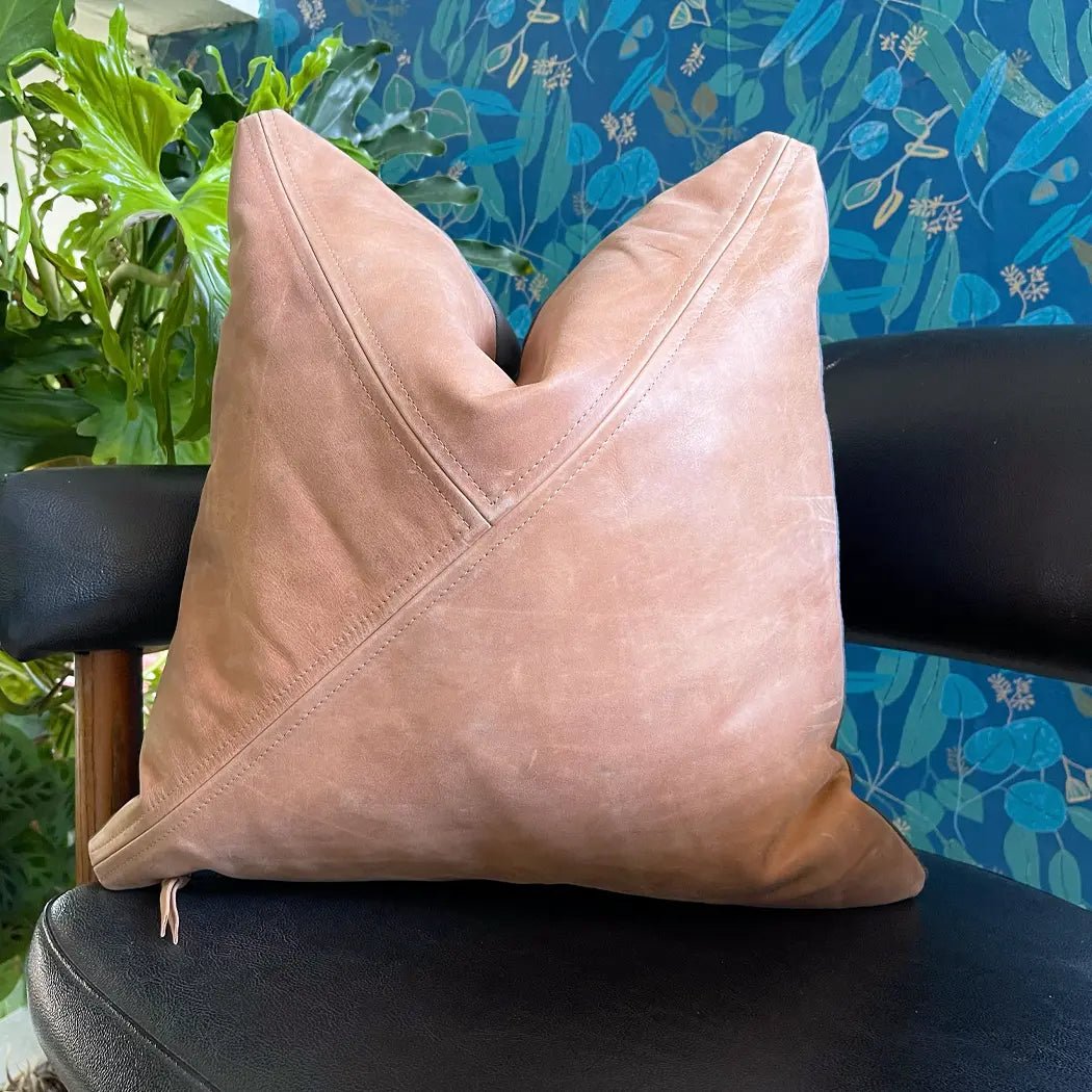 Warm Tan Leather Pillow - Genuine Tan Leather Accent