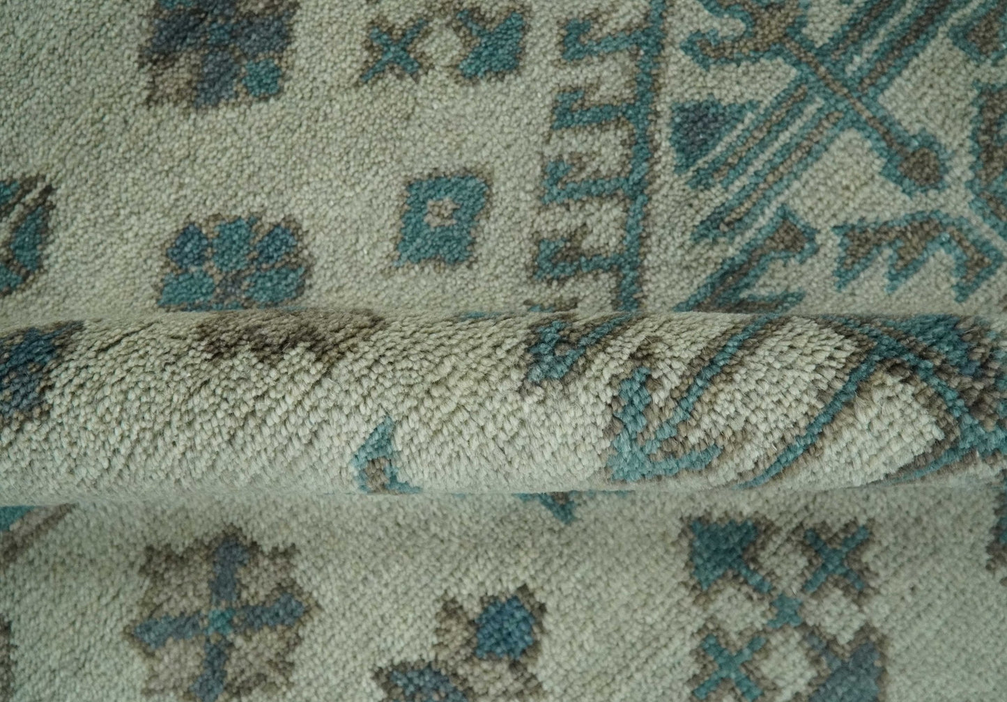 Light green, Teal and Charcoal Traditional Hand Knotted Custom Made wool Area Rug