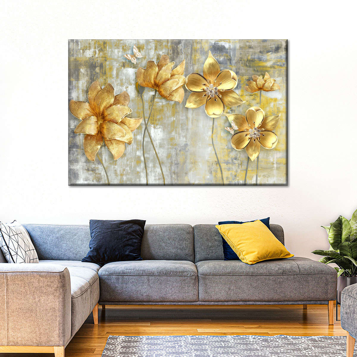 Large Golden Flowers Wall Art