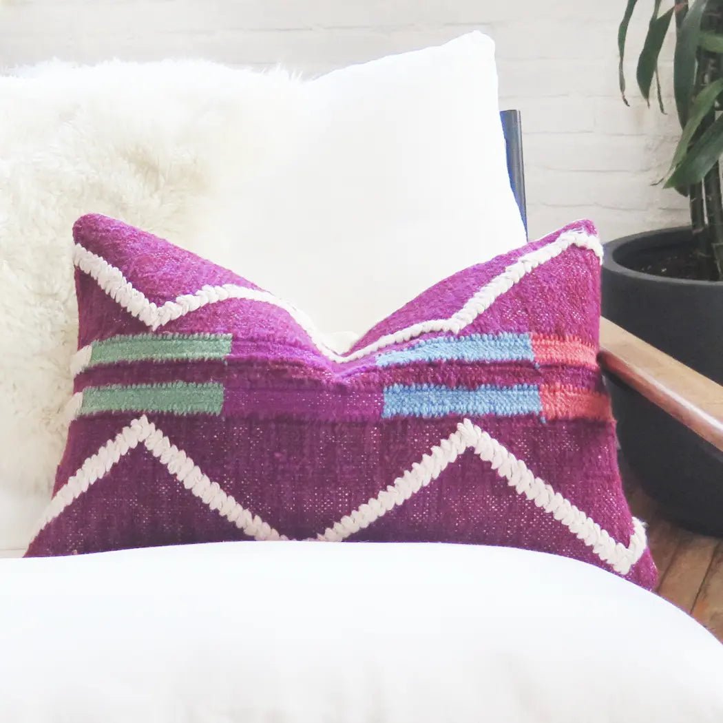 Handwoven Purple Geometric Throw Pillow – Bohemian Tribal Accent Cushion