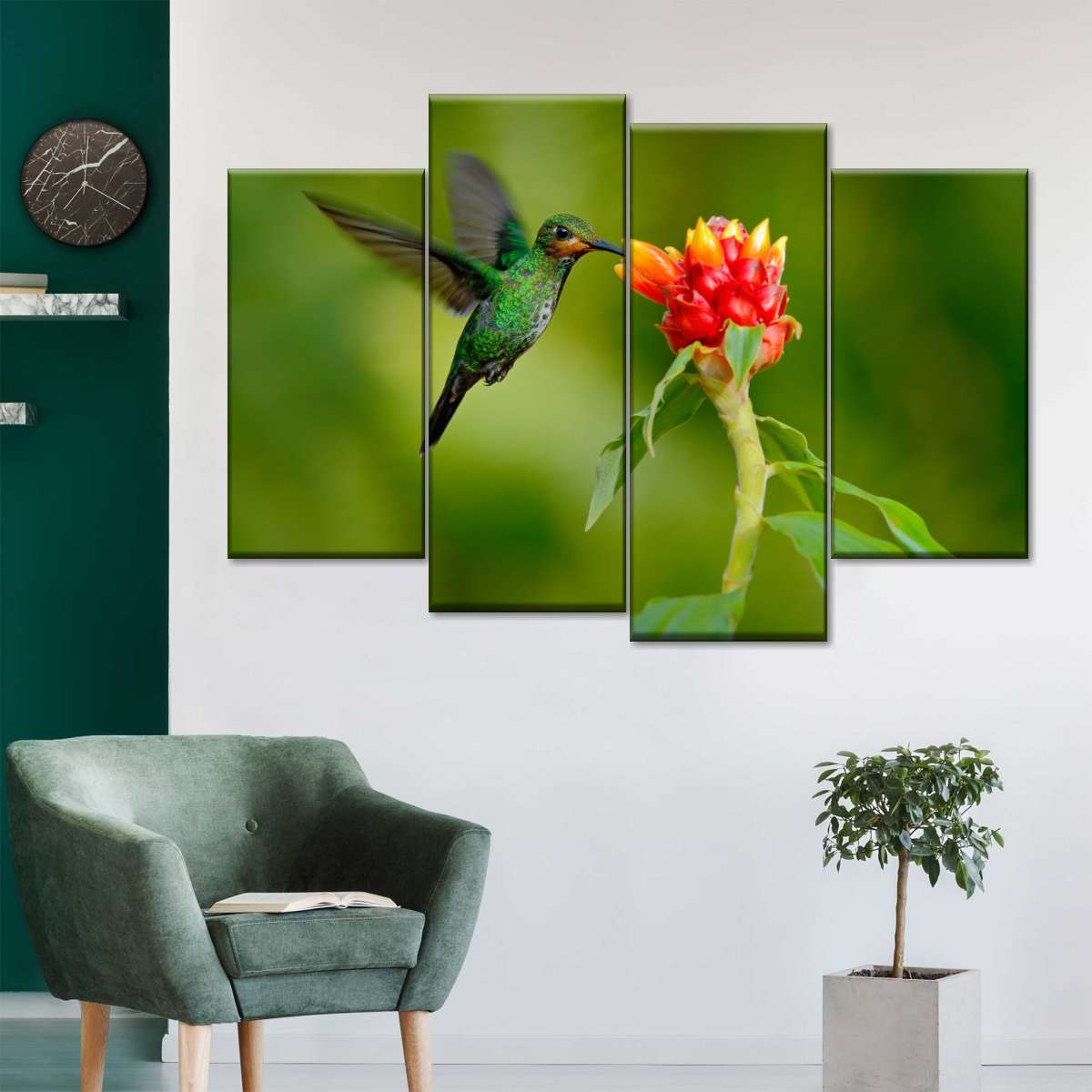 Flower And Green Hummingbird Wall Art