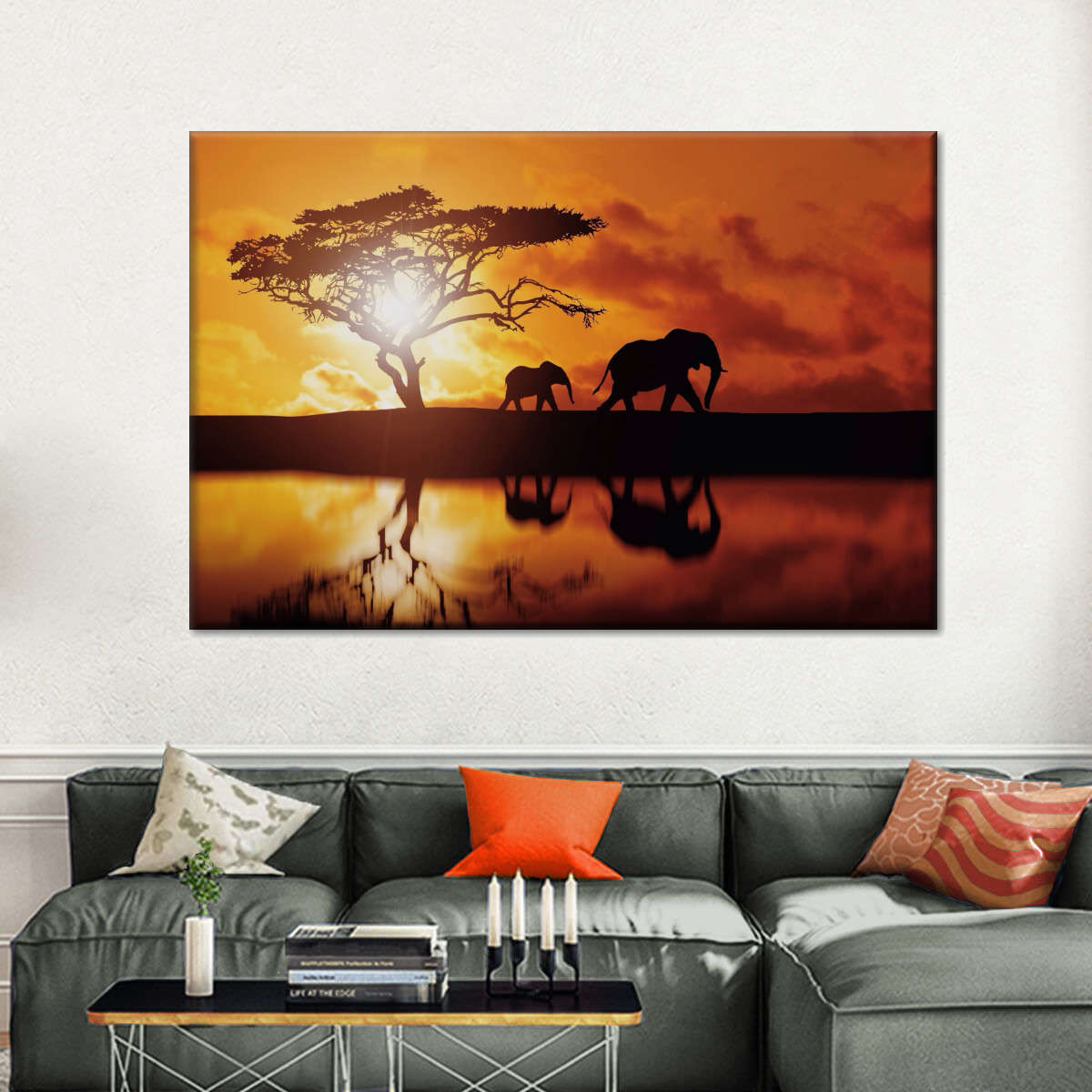 Elephant Silhouettes At Sunset Wall Art