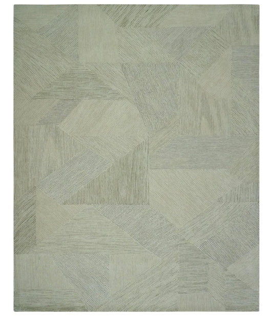 Modern Geometrical Ivory, Gray and Olive Stripes Textured Hand Tufted Custom Made rug