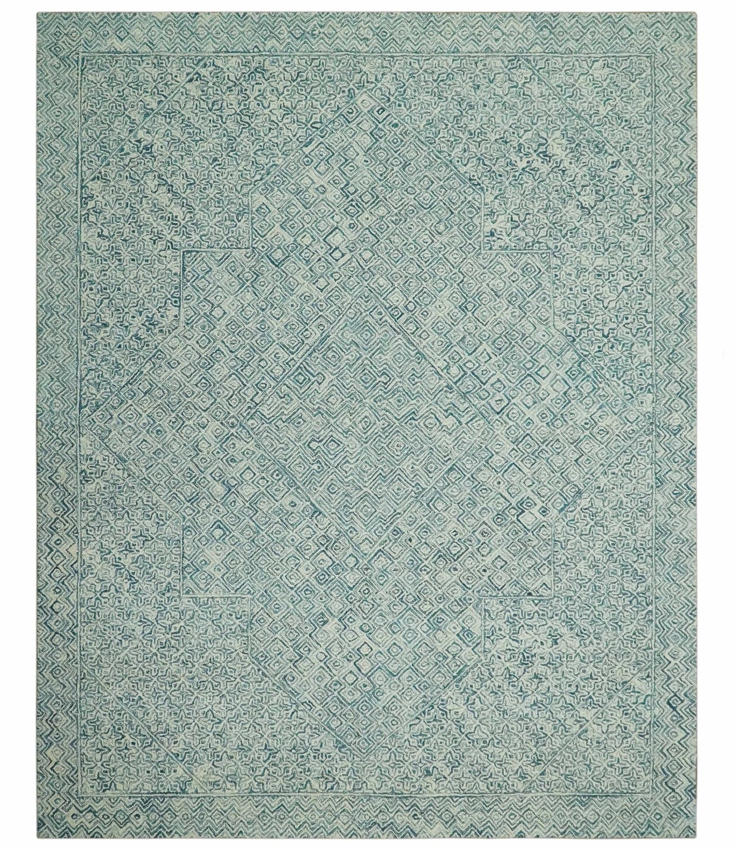 Modern Geometrical Teal and Ivory Hand Tufted Custom Made wool area rug