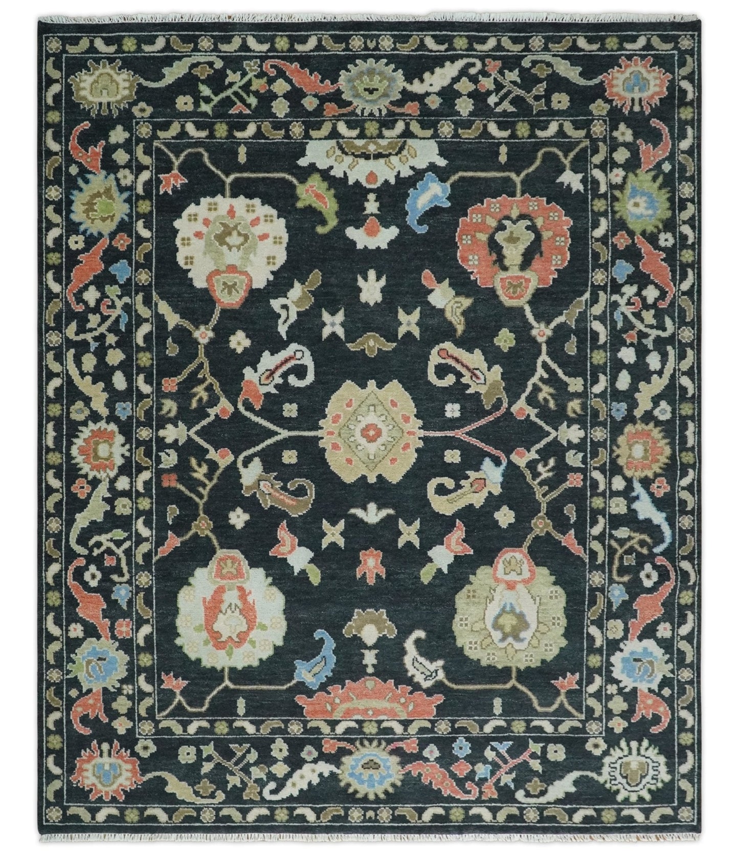 Modern Hand Knotted Black and Multicolor Traditional Oushak Custom Made Wool Area Rug