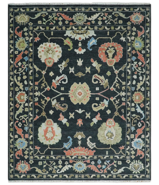 Modern Hand Knotted Black and Multicolor Traditional Oushak Custom Made Wool Area Rug