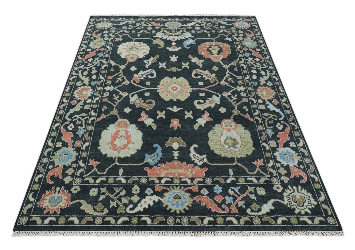 Modern Hand Knotted Black and Multicolor Traditional Oushak Custom Made Wool Area Rug