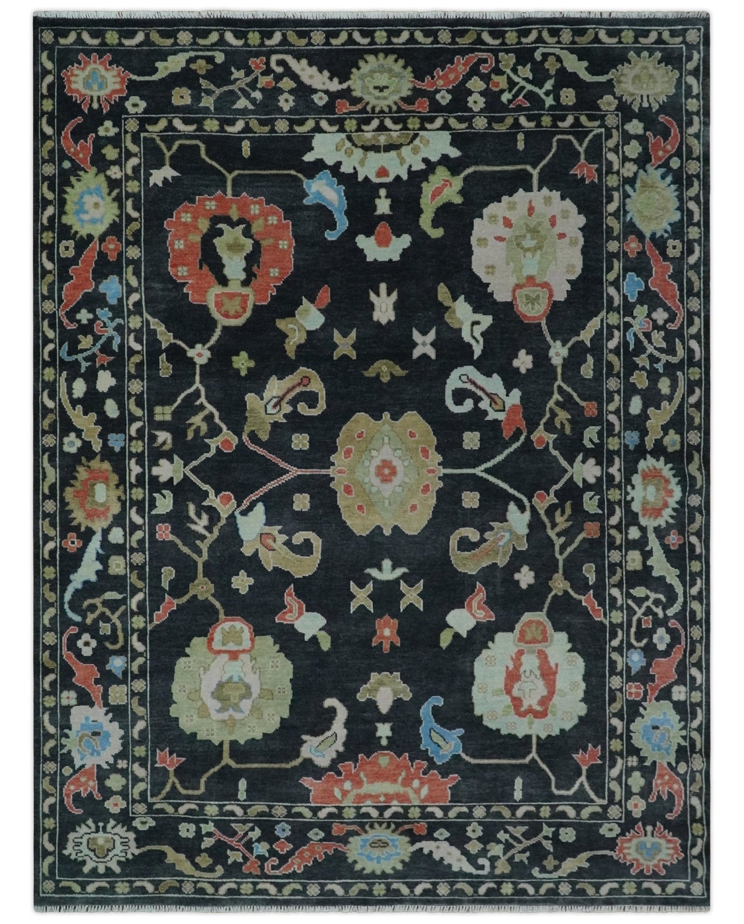 Modern Hand Knotted Black and Multicolor Traditional Oushak Custom Made Wool Area Rug