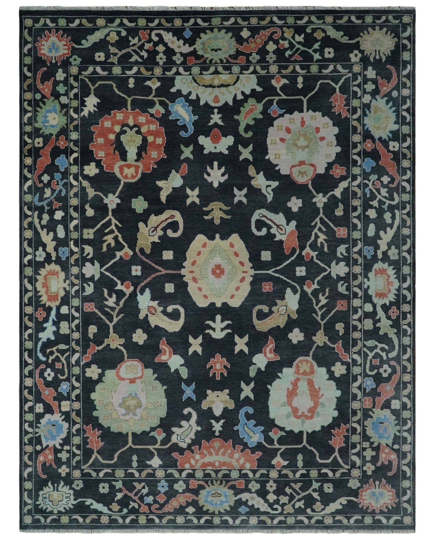 Modern Hand Knotted Black and Multicolor Traditional Oushak Custom Made Wool Area Rug