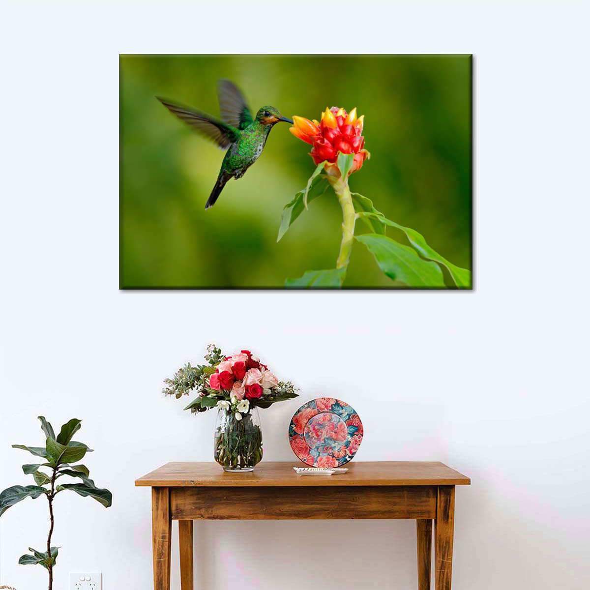 Flower And Green Hummingbird Wall Art