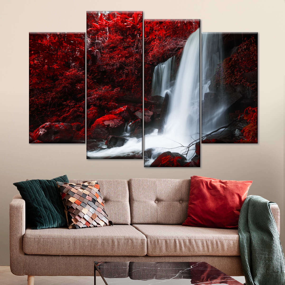 Red Autumn Waterfall Wall Art