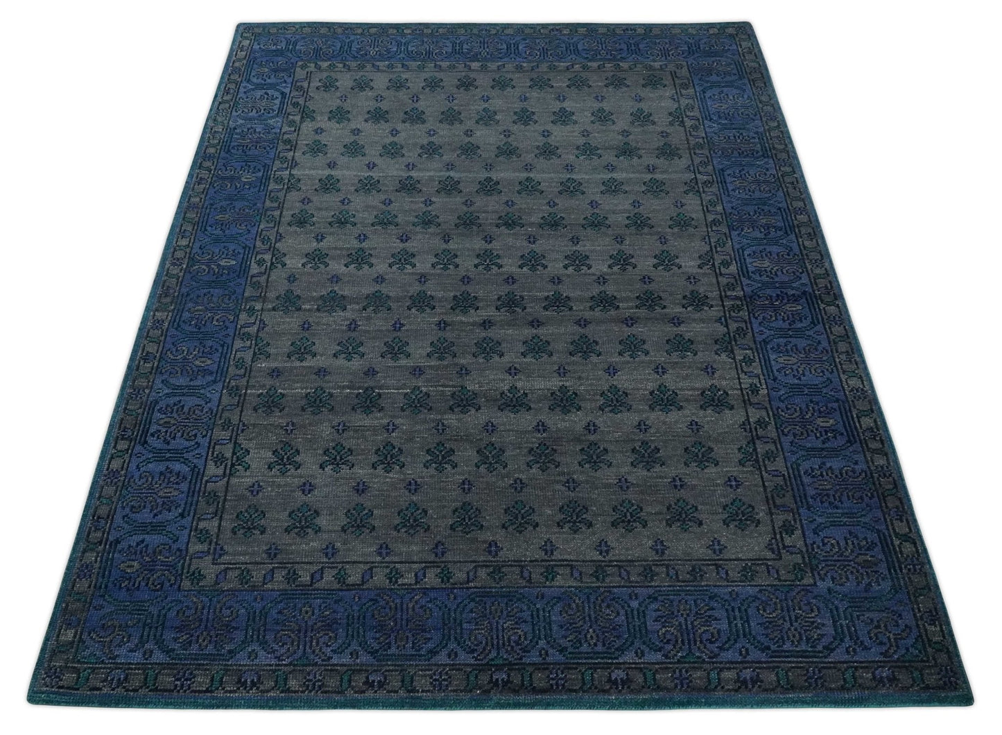 Gray and Blue Traditional Hand Knotted Antique Style low Pile Custom Made Wool Area Rug