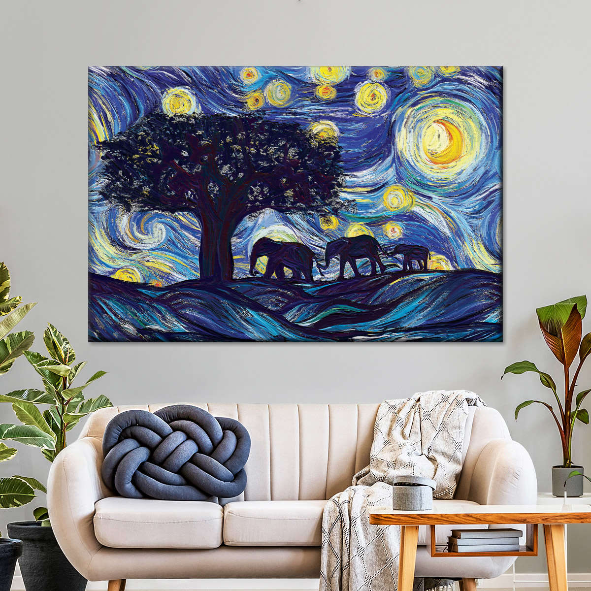 Elephant Family Starry Night Wall Art