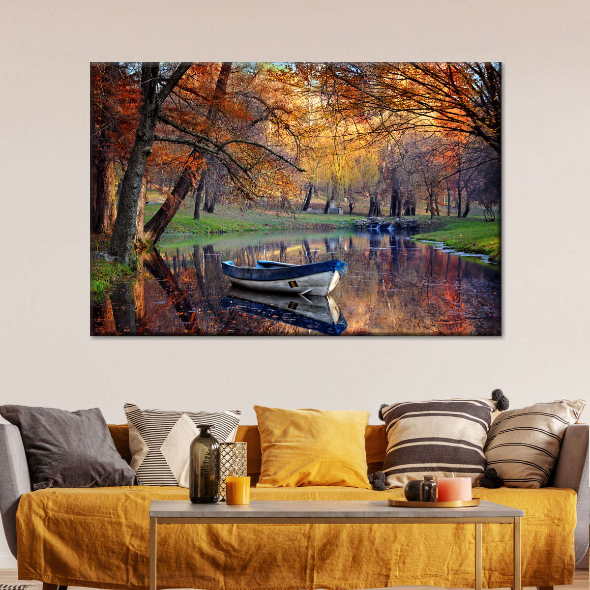 Autumn Lake Boat Wall Art