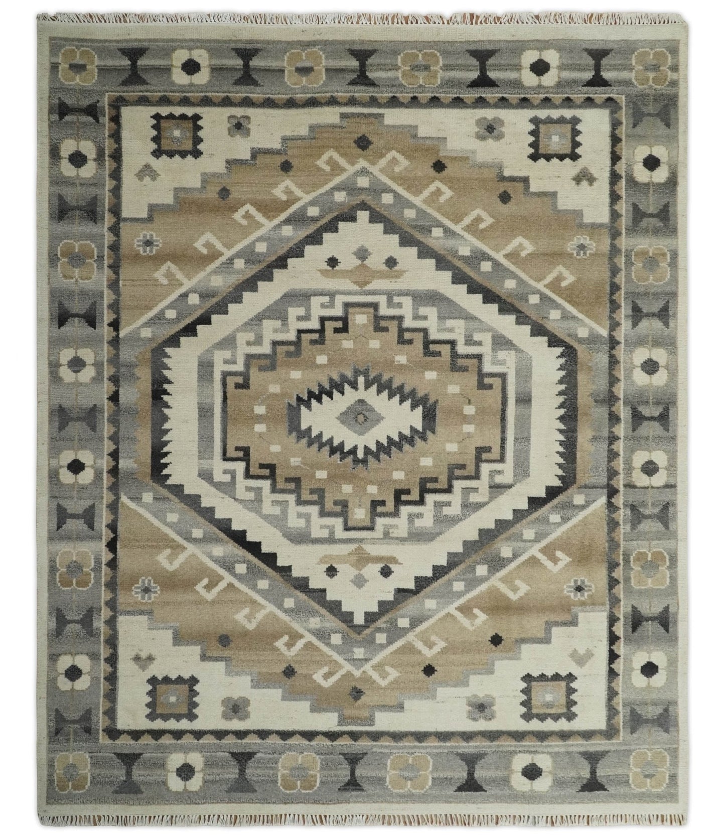 Custom Made Natural Wool Hand Knotted Ivory, Beige and Charcoal Traditional Area Rug, Kids, Living Room and Bedroom Rug