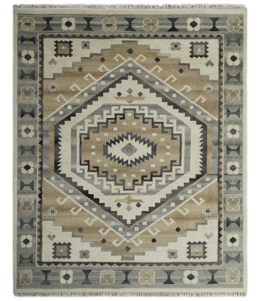 Custom Made Natural Wool Hand Knotted Ivory, Beige and Charcoal Traditional Area Rug, Kids, Living Room and Bedroom Rug