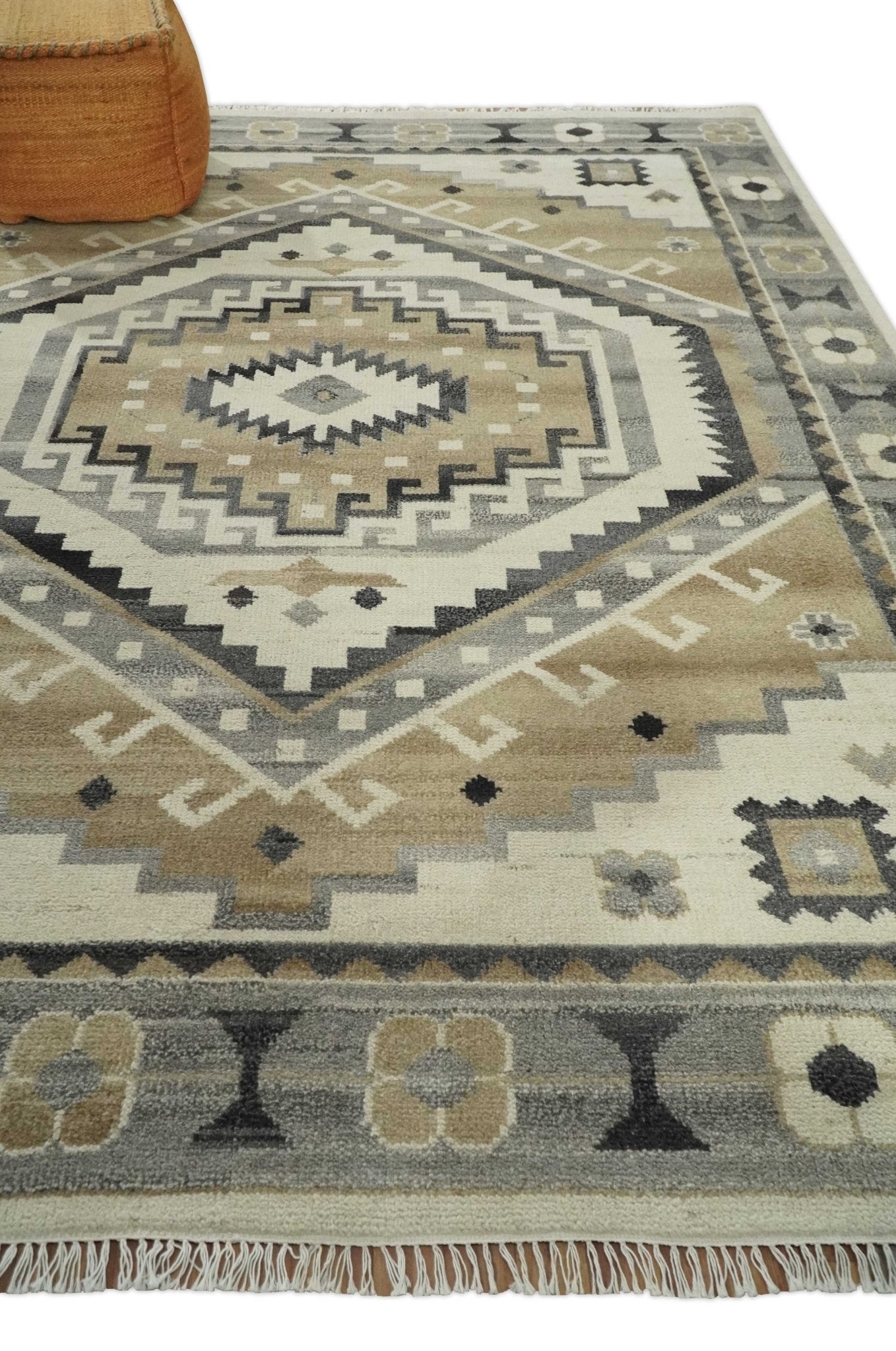 Custom Made Natural Wool Hand Knotted Ivory, Beige and Charcoal Traditional Area Rug, Kids, Living Room and Bedroom Rug