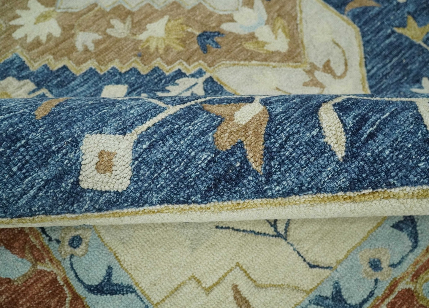 Olive, Blue, Beige and Rust Traditional Heriz Medallion Hand Tufted Custom Made wool area Rug