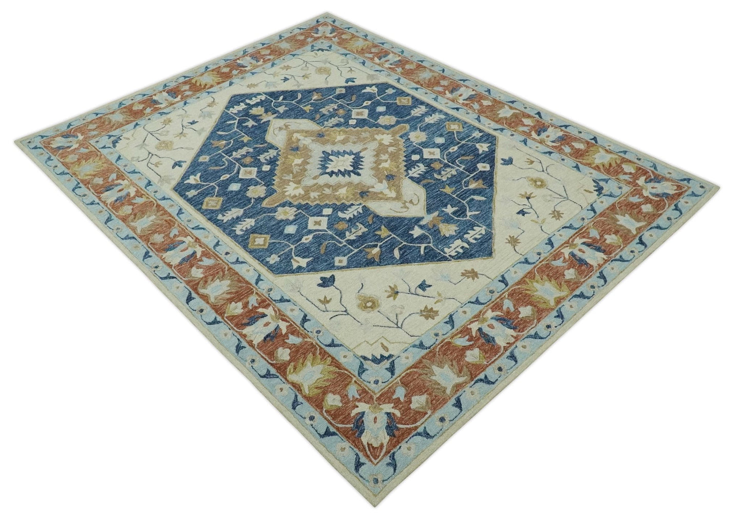 Olive, Blue, Beige and Rust Traditional Heriz Medallion Hand Tufted Custom Made wool area Rug